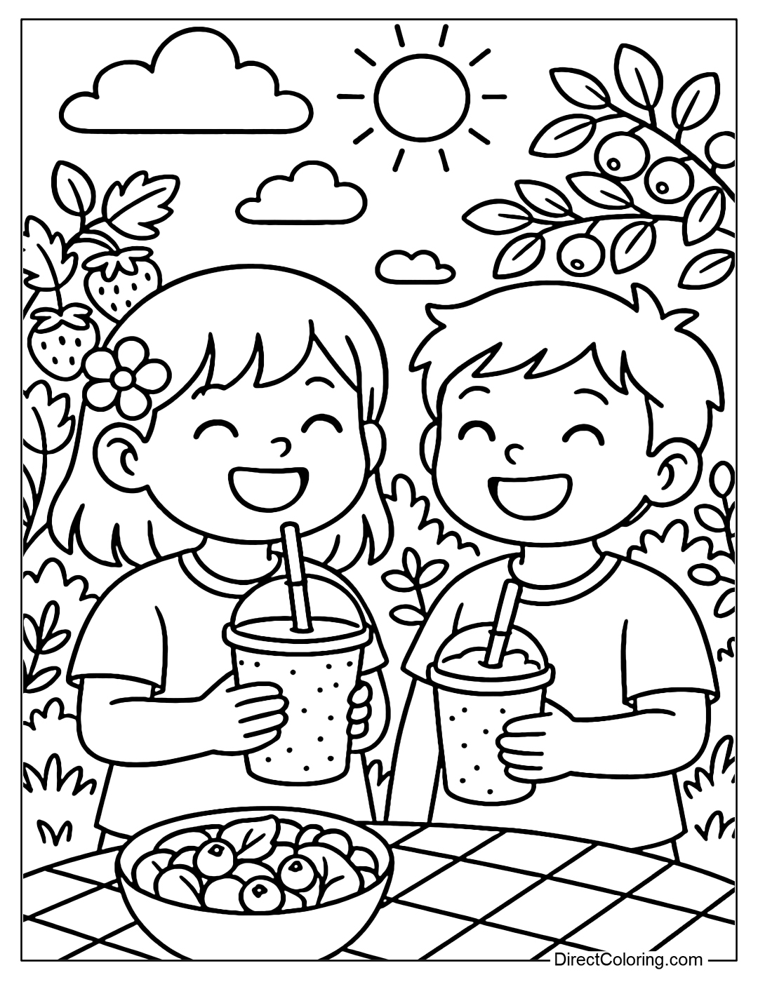 Coloring page of two children holding a smoothie, smiling brightly in the middle of a fruit garden.